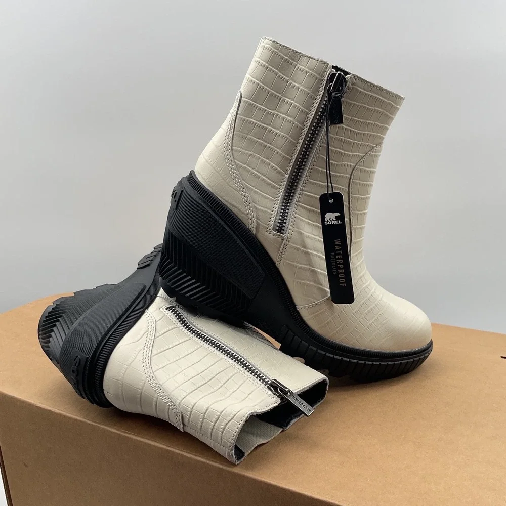 Sorel Brex Boot Lace-Free Waterproof Wedge Zip Croc Leather Chalk NL5148-191 8